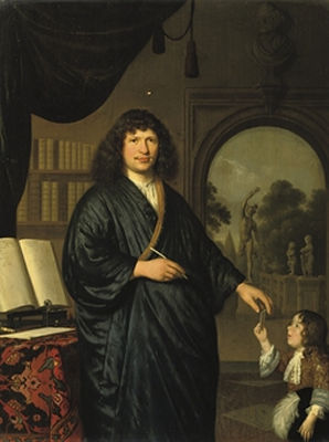 Portrait of a gentleman, three-quarter-length, in a 'Japansche rok', standing in a library, giving a messenger a letter