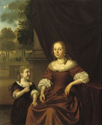 Portrait of a lady, three-quarter-length, in a brown dress and pearl necklace, seated by a table, a girl by her side holding a flower, a park landscape beyond by Pieter Cornelisz van Slingelandt - Auction record, sale price, and art valuation. Compare with similar artists and explore comparable artworks.