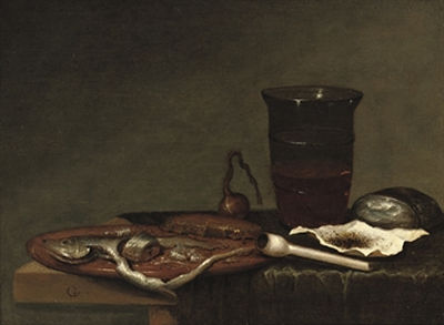 A glass of beer, a pipe with tobacco and a sliced herring, all on a partially draped table