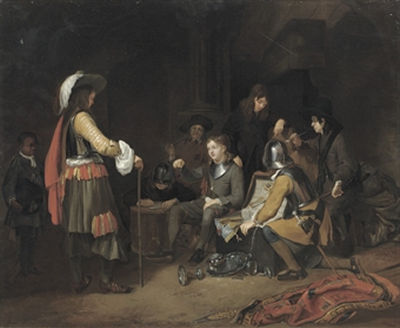 Soldiers dividing booty in a guardroom interior