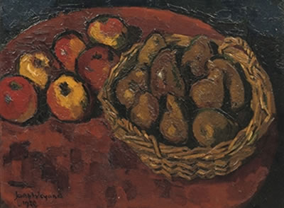 A still life with apples and pears in a basket ,and A still life with oak leaves and pears