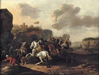 A cavalry skirmish in a rocky Italianate landscape