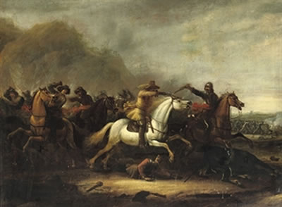 A cavalry skirmish in a mountainous landscape