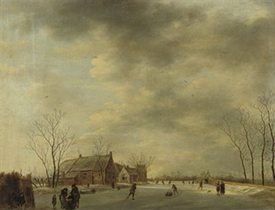 A winter landscape with figures skating and sleighing on a frozen river, a bridge and houses nearby