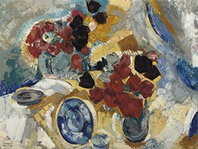A still life with red flowers