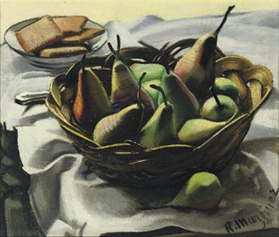 A still life with pears in a basket