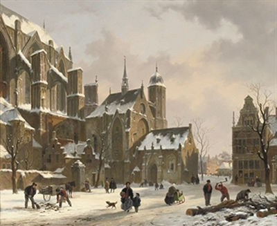 Daily activities near a sunlit church in winter by Bartholomeus Johannes Van Hove - Auction record, sale price, and art valuation. Compare with similar artists and explore comparable artworks.
