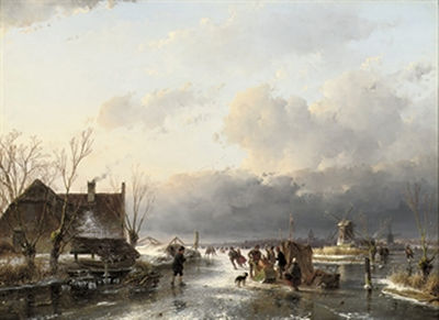 Skaters near a koek-en-zopie with windmills beyond by Andreas Schelfhout - Auction record, sale price, and art valuation. Compare with similar artists and explore comparable artworks.