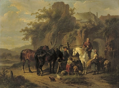 Feeding the horses by an old town wall