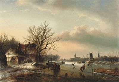 A winter's day with skaters on the ice and windmills in the distance