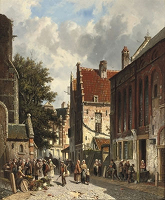 A busy market in a sunny Dutch town