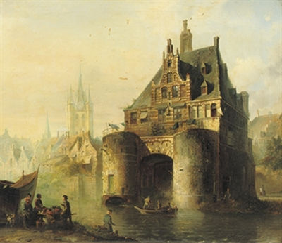 The Waterslootse poort with the Oude Kerk beyond, Delft