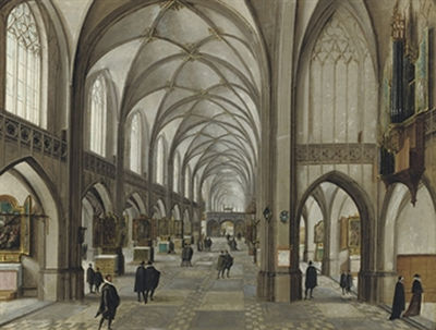 A gothic church interior with elegantly dressed figures