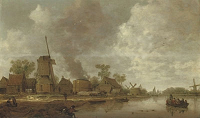 A river landscape with figures near a windmill and lime kilns