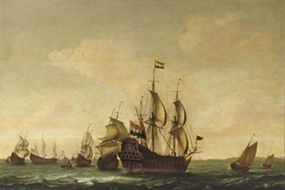 A man o' war with other shipping in choppy waters