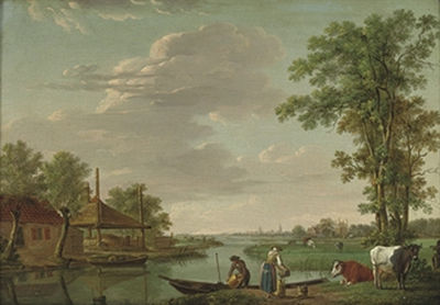 A river landscape with figures by an embankment