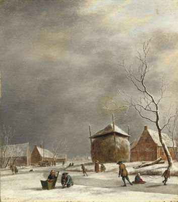 A winter landscape with skaters on a frozen river near a haystack