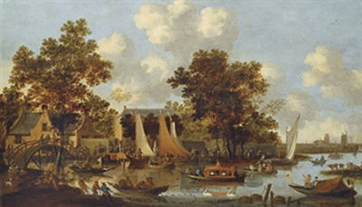 A view of the 'Zwaenhals' near Rotterdam with numerous figures in boats and on foot by Pieter Bout - Auction record, sale price, and art valuation. Compare with similar artists and explore comparable artworks.