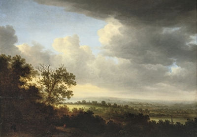 Sample artwork by Johannes Schoeff (1608 - 1666), known for landscape paintings in a panoramic style with rising hills and rows of bushes. - View similar artists and auction records