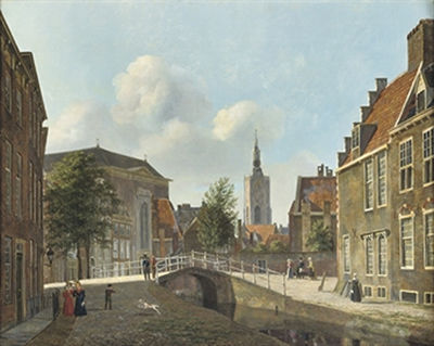 Daily activities along the Paviljoensgracht with the St. Jacobskerk in the distance, The Hague