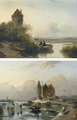 On the ice on the outskirts of a town; and Preparing the nets on a summer's day (pair)