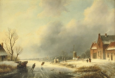 A frozen waterway with skaters