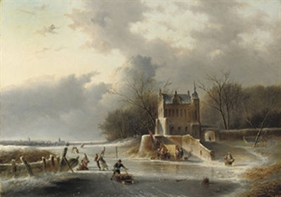 Winterfun on the ice by a mansion
