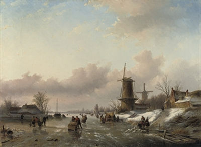 Figures on the ice with a koek-en-zopie and windmills