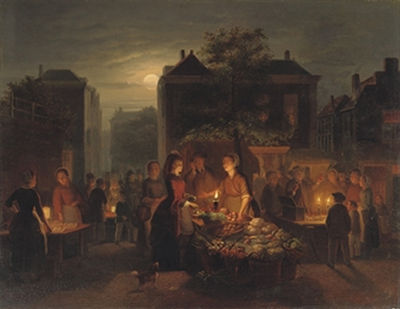 A busy nightmarket with a vegetable stall and a quack