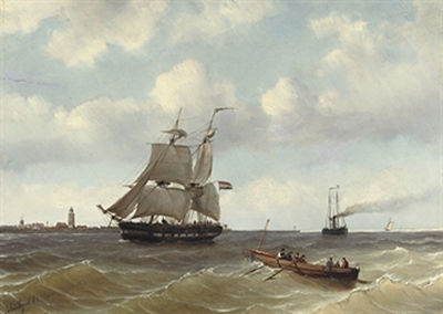 A two-master and a steamer near a coast