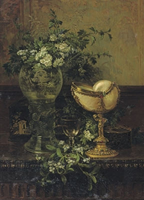 A nautilus shell, an amorial roemer and a lacquer chest on a table by François Joseph Huygens - Auction record, sale price, and art valuation. Compare with similar artists and explore comparable artworks.