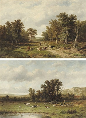 Taking a rest along the sandy path; and Cattle resting near a pond (pair)