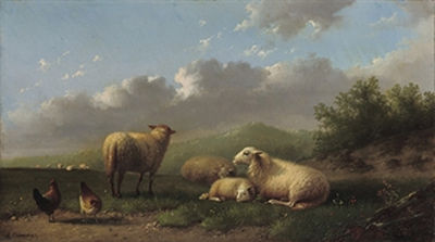 Sheep and chickens in a meadow by Auguste Coomans - Auction record, sale price, and art valuation. Compare with similar artists and explore comparable artworks.