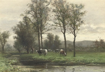 Cattle grazing near a river by Pieter Adrianus Schipperus - Auction record, sale price, and art valuation. Compare with similar artists and explore comparable artworks.