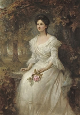 Portrait of a lady holding a pink rose