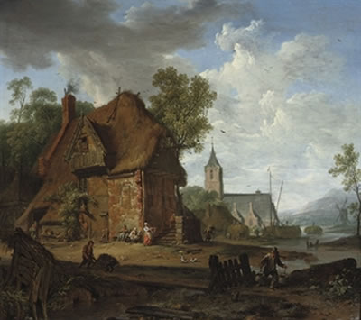 A farmhouse with peasants working by a river