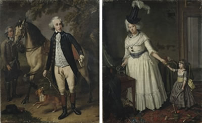 Portrait of Jan van Walre, full length, in a riding costume with his dog, his horse and a servant by his side; and Portrait of Maria Kops, full length, in a white dress and elaborate hat with her daughter by her side (pair)