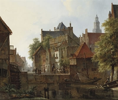 Horsemen on a quay in a Dutch town in summer