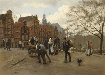 Daily activities on the Torensluis, the Royal Palace at the Dam square in the distance