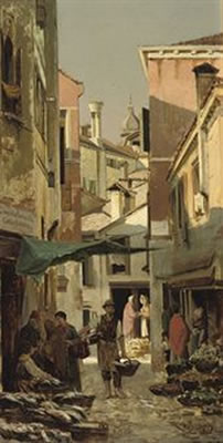 Market at the corner of Calle Crosera and Campiello Pescheria, Venice