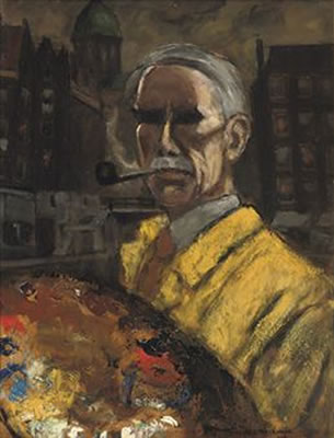 Portrait of Marie Henrie MacKenzie: Self portrait with 't Kolkje and the Schreierstoren in the distance, Amsterdam