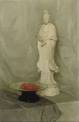 A Guanyin statue and a bowl with red flowers on a table by Elsa Woutersen Doesburgh - Auction record, sale price, and art valuation. Compare with similar artists and explore comparable artworks.