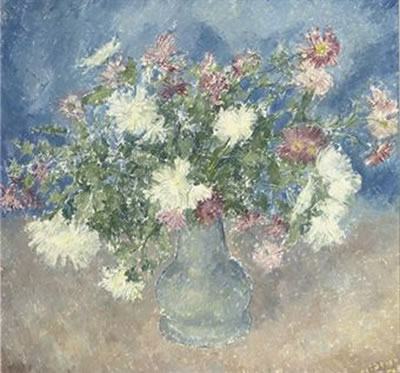 A still life with white and pink flowers in a blue vase