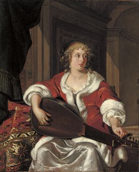 A lady tuning a 'Luth Theorbé'