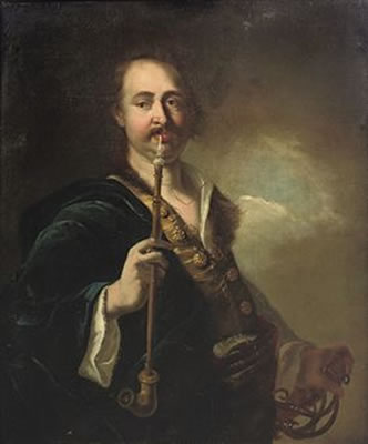 A portrait of a man, standing half-length, possibly the artist himself, wearing a fur-trimmed blue coat and holding a sabel and pipe