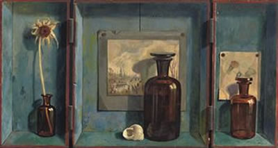 A still life with dispenser bottles an a snail's shell - a triptych