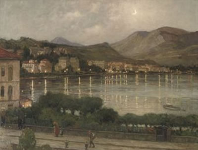 Avondschemering Lugano: view of the lake Lugano by night