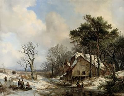 Figures on a frozen stream on the outskirts of a village