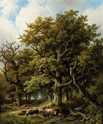 A wooded landscape with a herdsman and his cattle resting under an oak tree