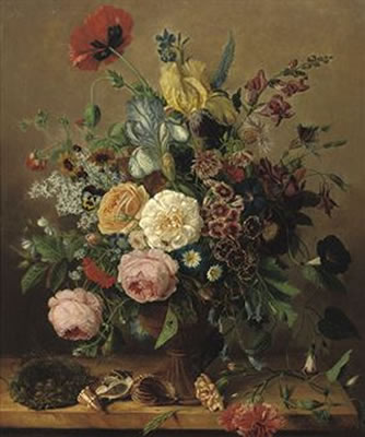 ROSES, PEONIES, DELPHINIUM AND VARIOUS OTHER FLOWERS IN A VASE, TOGETHER WITH SHELLS AND A BIRDS NEST, ALL ON A STONE LEDGE by Adriana Ravenswaay - Auction record, sale price, and art valuation. Compare with similar artists and explore comparable artworks.